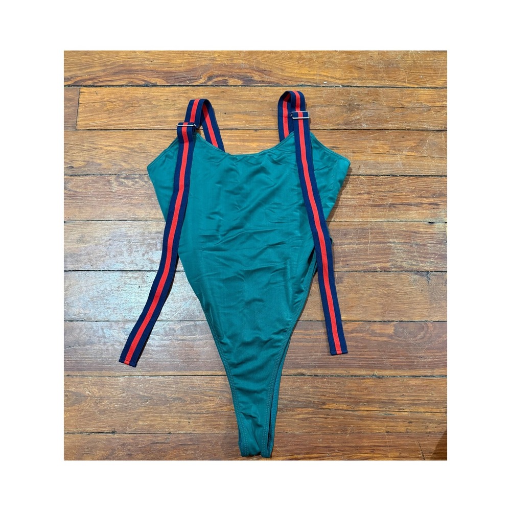 Icon Swim Womens Green High Cut Thong One Piece Swimsuit Striped Straps Size M